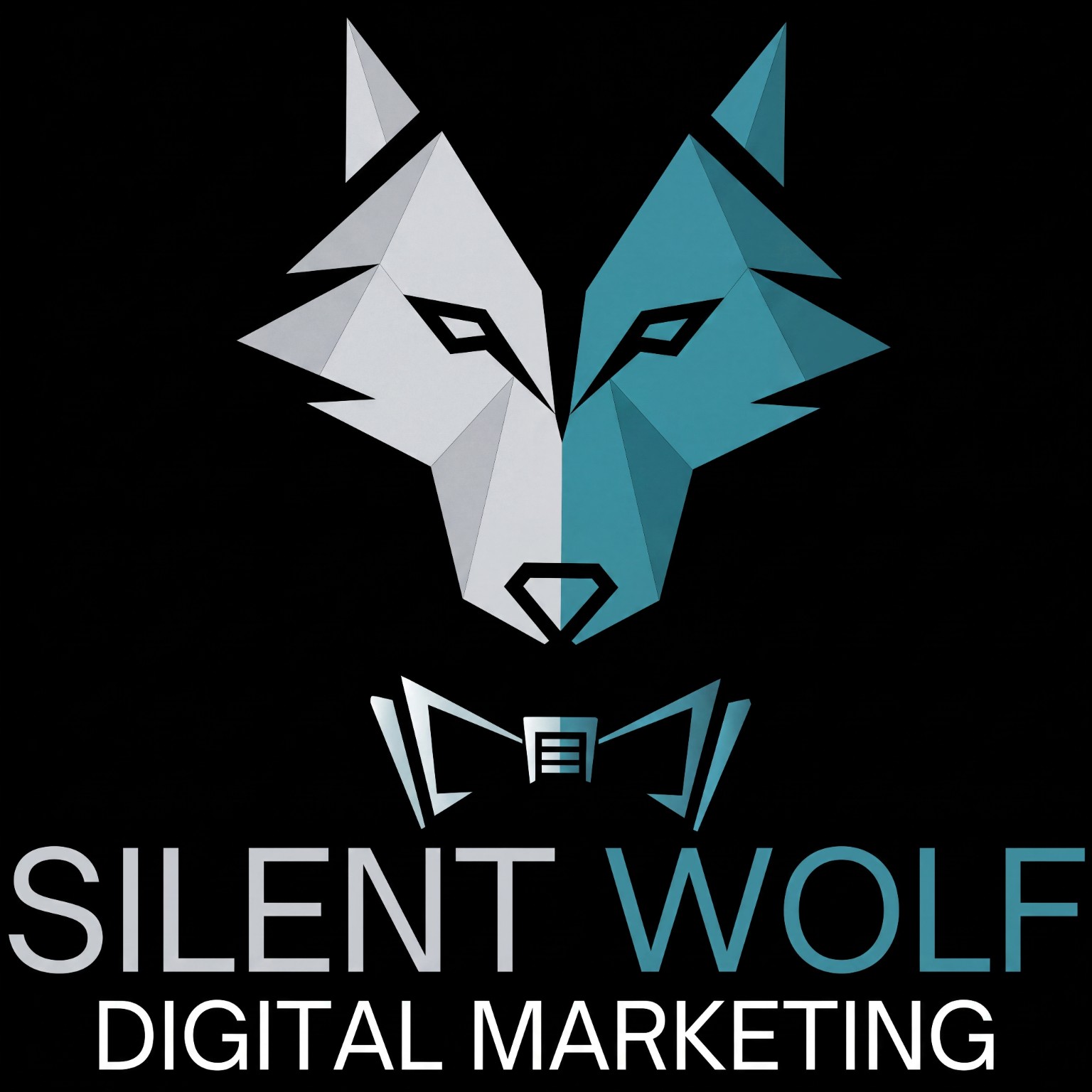 Geometric teal and white wolf logo for Silent Wolf Digital Marketing